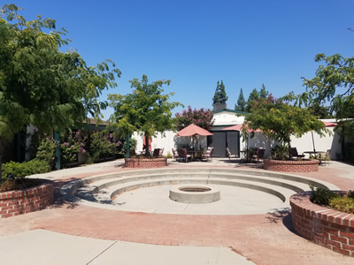 Circular quad area surround by trees, with three steps down to a firepit.